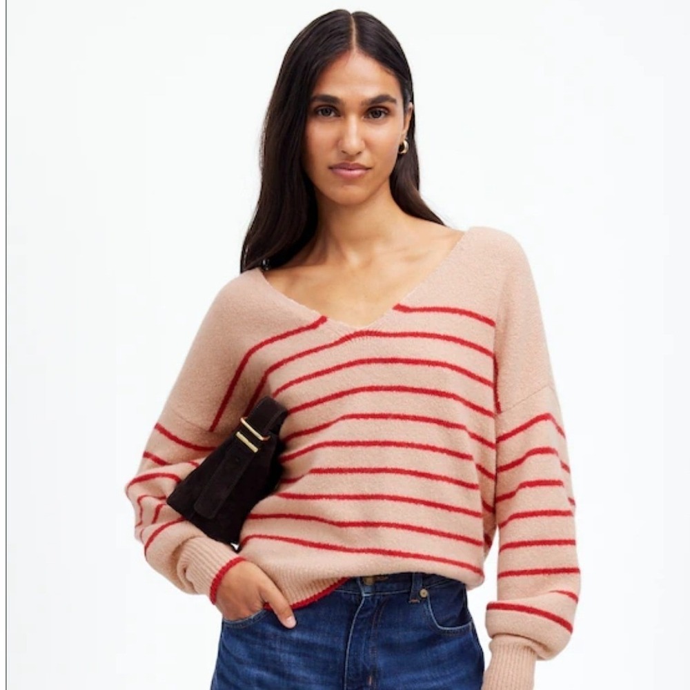 Madewell Wedged V-Neck Sweater XL NWT Merino Blend Blush Stripe 90s Minimalism
